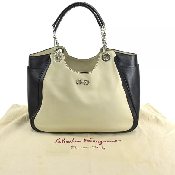 Auth Salvatore Ferragamo Gancini Handbag Black/Off White/Silver Leather - Picture 1 of 15